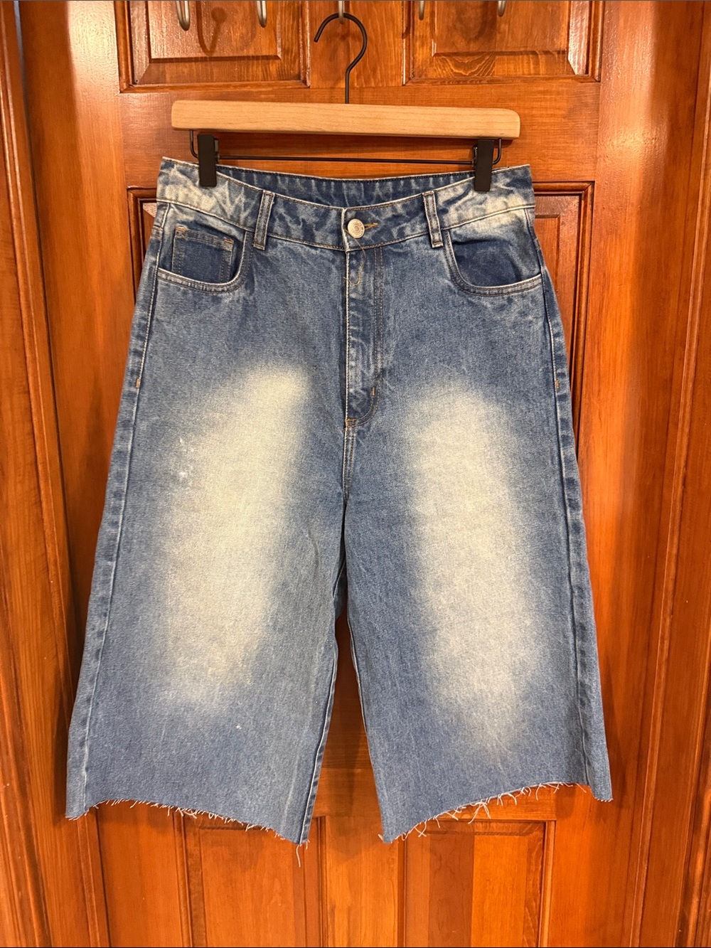 High-Waist Distressed Long Denim Shorts - Light Blue Fade